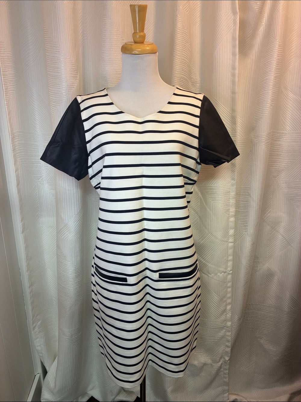 Club Monaco Black and White Striped Midi Dress. Leather look sleeves.